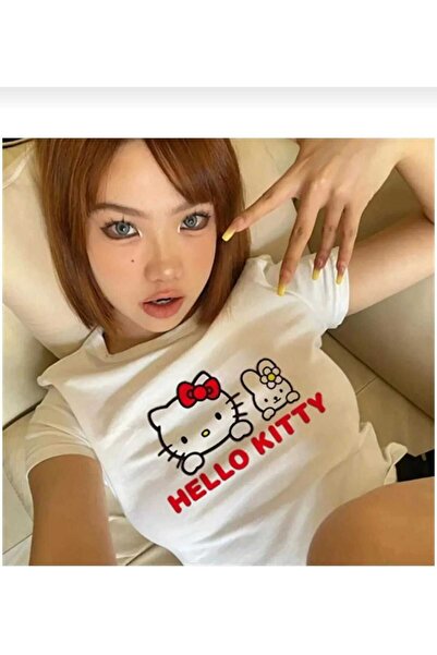 Genel Markalar Y2k Hello Kitty Red Baskılı Beyaz Yarım Kadın T-shirt Crop Top Bluz