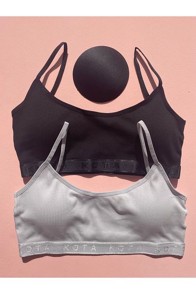 LEYNA BUTİK 2-Piece Black and Gray Corded Cotton Half Tank with Pads (M=70-75,L=80-85,XL=90-95,2XL=100-105)