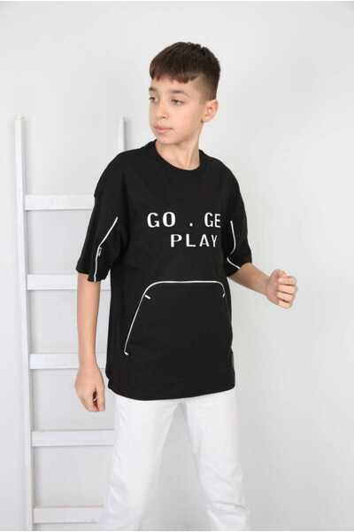 Elvinsa Μαύρο μπλουζάκι για αγόρια με ανάγλυφα γράμματα και λεπτομέρειες Με τ...