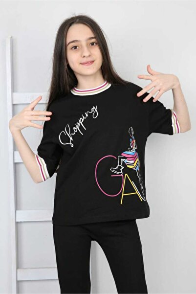 Elvinsa Black Girl Patterned Cotton Comfortable Fit Girls' T-shirt