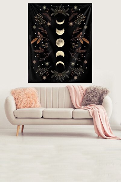 farbala Ayın Evreleri Mistik Temalı Leke Tutmaz Kadife Kumaş Duvar Örtüsü Duv...