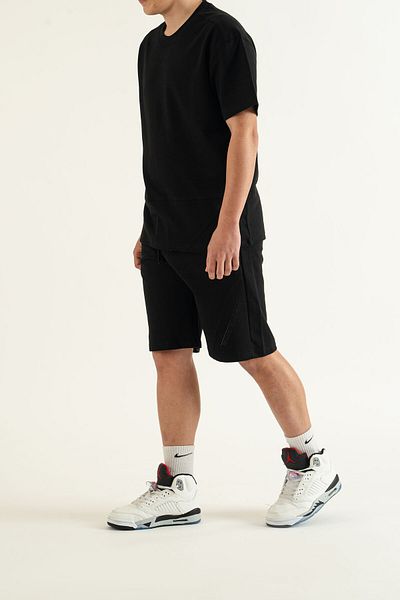 bombe Men's Black 2 Piece Set Side Printed Oversize Comfort Relaxed Cut T-Shirt Shorts Set
