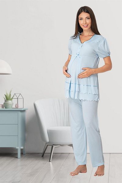 CT MODA Set de pijamale de maternitate pentru femei din dantelă albastră - bumbac pieptănat de vară