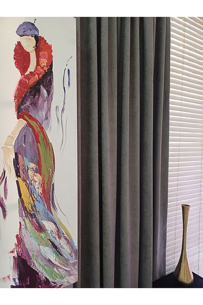 venedik home 1. Class Quality Gray Luxury Velvet - Plain Stitched and Extraphore Gathered Island Background Curtain