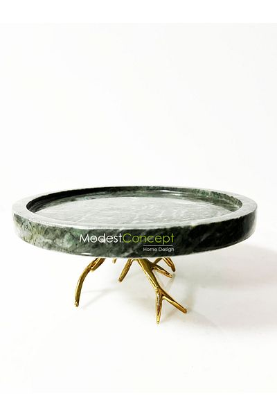 Modestmar Natural Green Marble Tray with Gold Branch Legs, Verde Guatemala 25cm