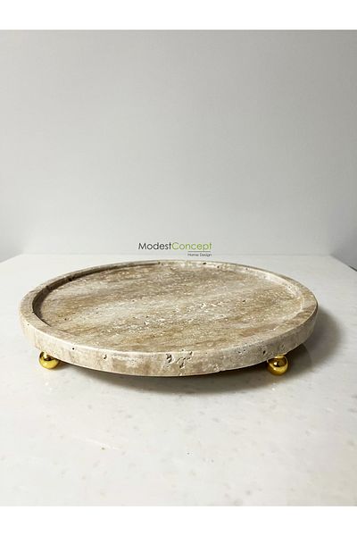Modestmar Natural Travertine Round Tray, Marble Organizer 28cm VC Godl Ball Stand