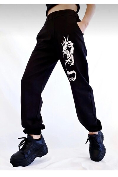 HIRSCH بنطال رياضي نسائي صيفي أسود فضفاض بطبعة تنين