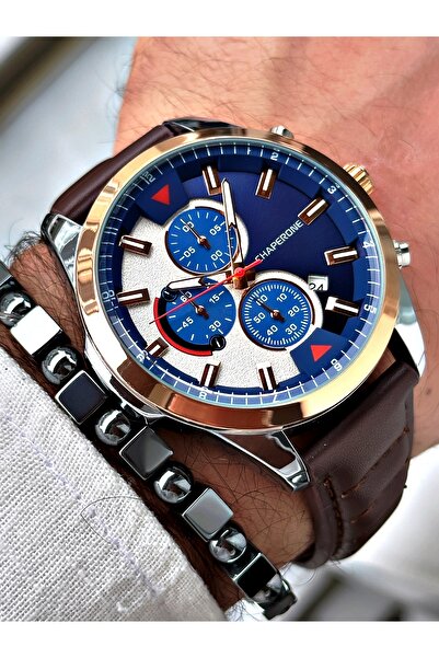 Chaperone Men's Sports Wristwatch - Brown Leather, Cord Function, Bracelet Gift By Reward