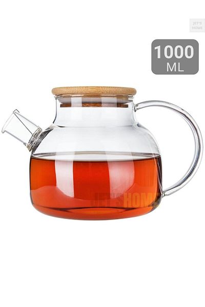 Jet's Home Glass Teapot Heat Resistant Teapot Bamboo Vacuum Lid 1000 ml