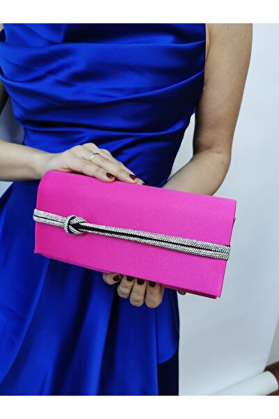 NAZART Kadın Taşlı Fuşya Abiye Clutch Portföy Zincir Askılı  El Düğün Nişan G...