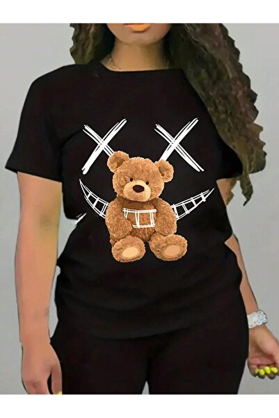 over head oh Crna Oversize kroj T-shirt - Smiljuća lica medvedić Štampano