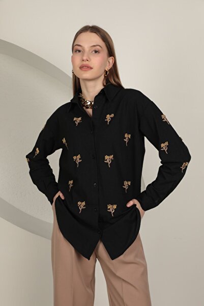 Ottawe Kadın Keten Kumaş Uzun Kollu Boncuk İşlemeli Nakışlı Salaş Gömlek Base...