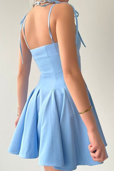 bayansepeti Rochie Atlas Baby Blue Princess Cut - 164 cu bretele subțiri și detalii cu cleme