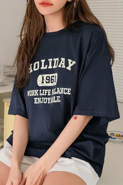MODAGEN Unisex Navy Blue Crew Neck Holiday Printed Oversize T-Shirt