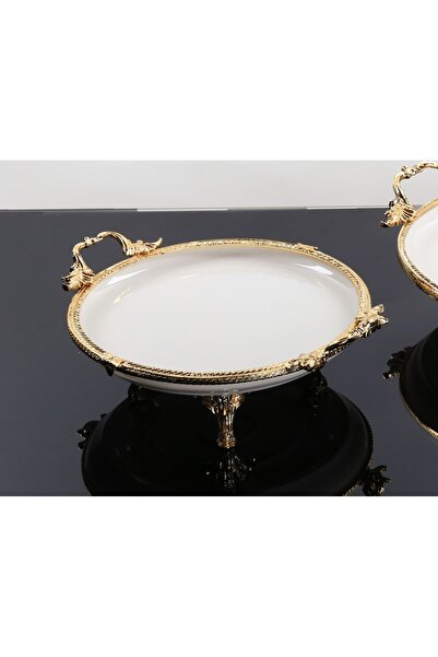 BULUTHOMEAKSESUAR حامل عرض دائري من البورسلين بمقبض 25 سم ذهبي