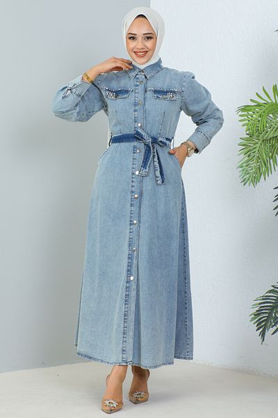 benguen 6804 Rochie de denim cu mărgele de buzunare Albastru