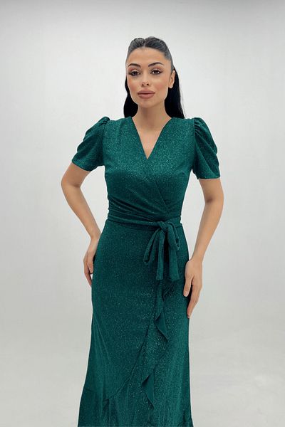 giyimmasalı Imported Glitter Fabric Belt Detailed Midiboy Dress - Emerald Green