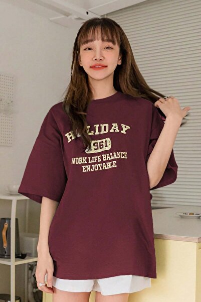 MODAGEN Unisex Claret Red Crew Neck Holiday Printed Oversize T-Shirt