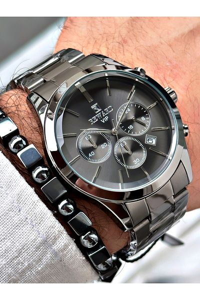 Reward Men's Wristwatch and Bracelet with Gift - Smoke Color Steel Cord