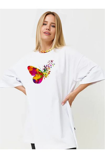 Pink Sky Black Butterfly Printed Colorful T-Shirt