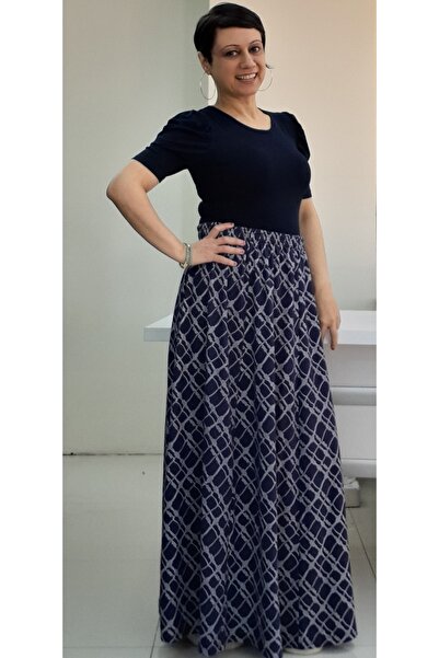 Mertcan Butik Синя спідниця з еластичним поясом і ланцюжковим візерунком, 6 частин, в'язана