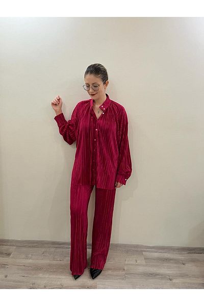 hot fashions طقم بنطلون قميص مزدوج للنساء باللون الفوشيا في لعبة ليسبون مطوي من الأسفل