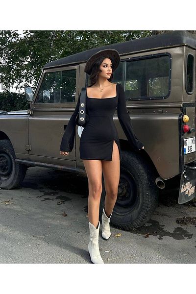 gocuk Black Women's Flounce Sleeve Deep Slit Mini Dress