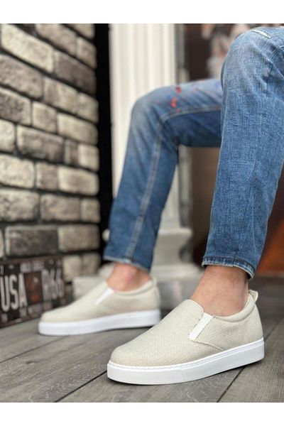 BPM BA0339 Pantofi casual pentru bărbați din in - Talpă alb crem, fără șireturi