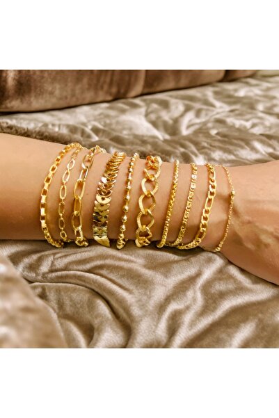 xesha Altın Kaplama 10'lu Kombin Bileklik Seti Gold Renk Kadın Zincir Bilezik Künye