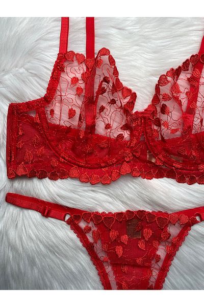 KİVİK Women's Capless Underwire Black Heart Lace Bralet Bra Set