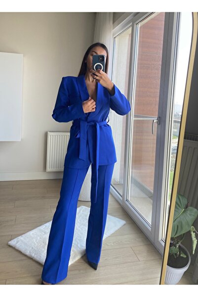 cn novembersun Női sötétkék kendőgallér nyakkendő blézer dzseki nadrág szett