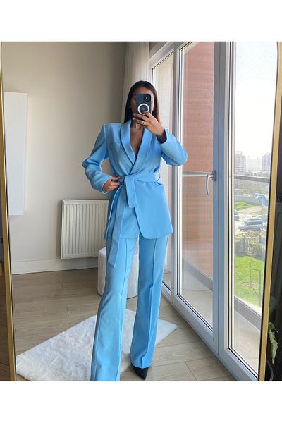 cn novembersun Women's Baby Blue Shawl Collar Tie-Up Blazer Jacket Trousers Set