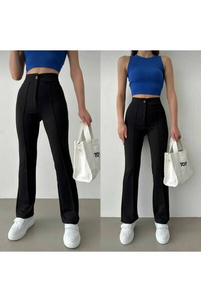 Genel Markalar Kadın Yüksek Bel Önü Şeritli İspanyol Paça Cimalı Pantolon