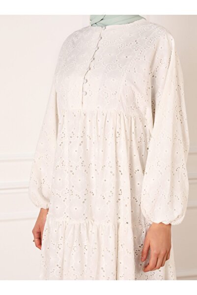 Refka Brit Detailed Scallop Hijab Dress - Off White - Refka