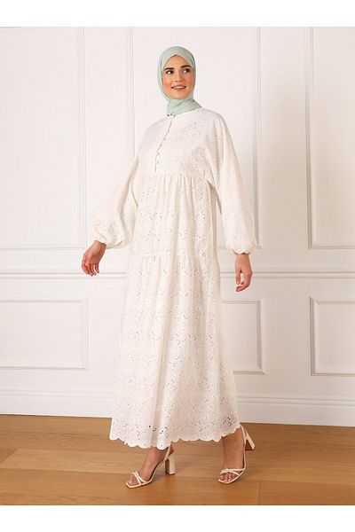 Refka Brit Detailed Scallop Hijab Dress - Off White - Refka