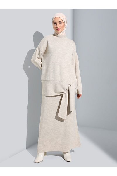 Refka Tie Detailed Tunic & Skirt Knitwear Set - Light Mink -