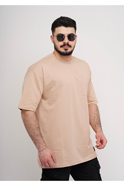 Est Estola Ανδρικό μπλουζάκι μεγάλου μεγέθους Basic με τσέπες 100% βαμβακερό ύφασμα με χοντρή υφή Crew λαιμόκοψη