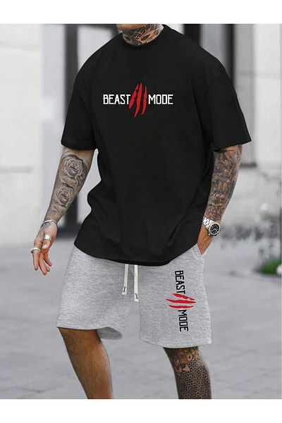 donamod Men's 2 Pieces Oversize Basic Beast Fashion Printed Cotton Beast Mode T-Shirt and Shorts Set