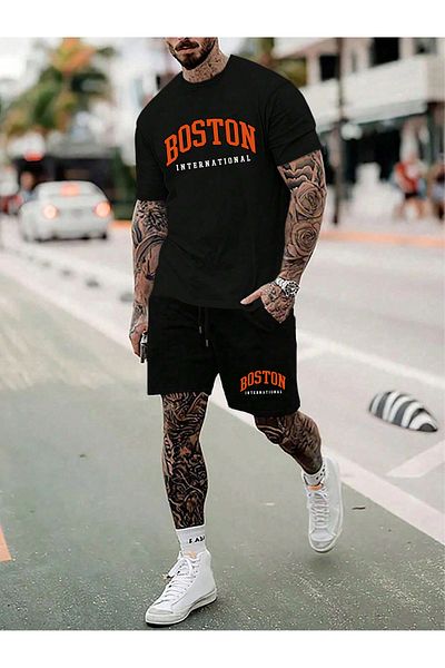 donamod Set de tricou și pantaloni scurți oversize Boston International pentru bărbați - Set de 2