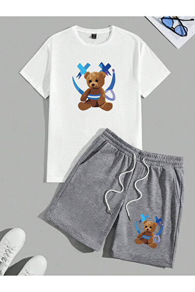 donamod Men's 2-Piece Oversize Basic Beast Fashion Printed Cotton Tongue Smiling Face Bear T-Shirt Shirt and Shorts Set