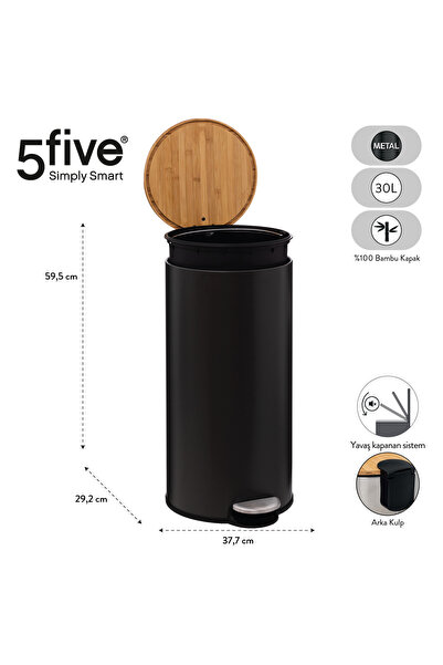 5FIVE BAMBOU - SİYAH - 30 LT PEDALLI ÇÖP KOVASI