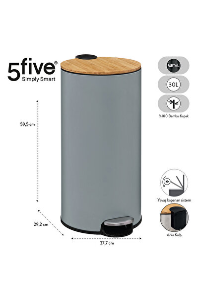 5FIVE BAMBOU - ANTRASİT GRİ - 30 LT PEDALLI ÇÖP KOVASI