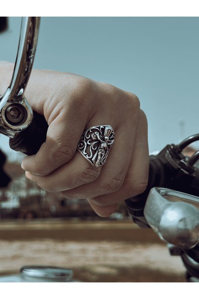 Capo by Aytaç Yamaç Gotik Büyük Haç Motorcu Tarzı Erkek Ayarlanabilir Yüzük
