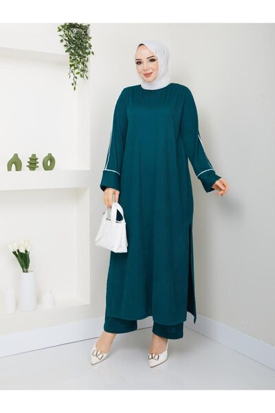 ELİSA İnce Piliseli Büyük Beden Uzun Tunik Pantolon Takımı Tesettür hijab