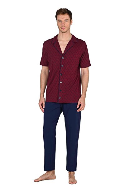 Jiber Erkek Düğmeli Jakarlı Bordo Pijama Takımı 15202