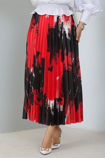 benguen 4553 Patterned Pleated Hijab Skirt Red