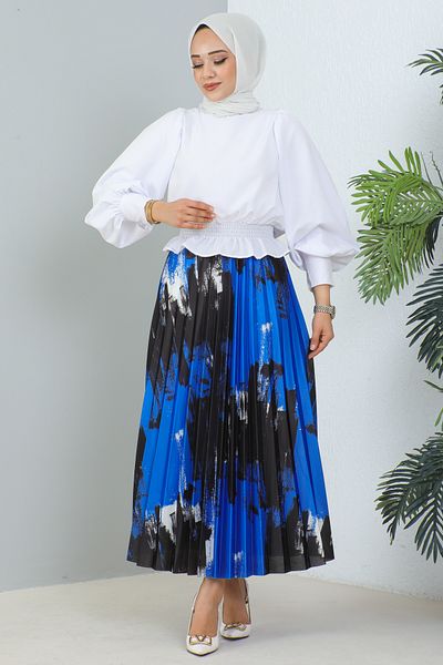 benguen 4553 Fustă Hijab plisată cu model Albastru