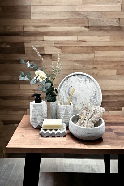 NIDAGE 6-Piece 6-Piece Marble Pattern Concrete Bathroom Set Solid Liquid Soap...