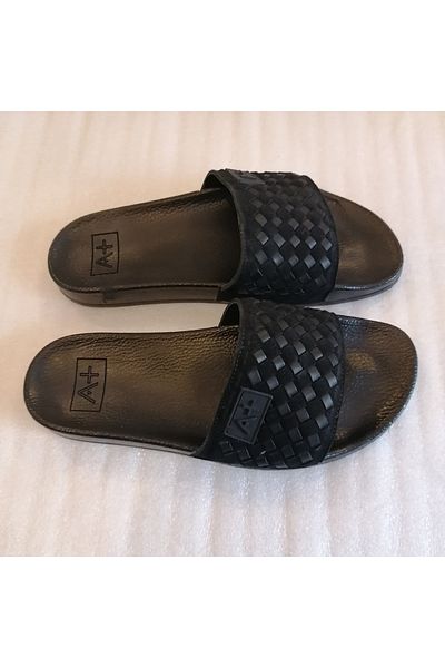 Butik Tülin جلد البقر الأصلي - شبشب بولي يوريثان من جلد الغزال الأسود، مخطط فردي ومبطن