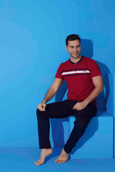 Tarık Set de pijamale de vară pentru bărbați, roșu Claret, albastru bleumarin, cu mâneci scurte, țesătură pieptănată, 100% bumbac